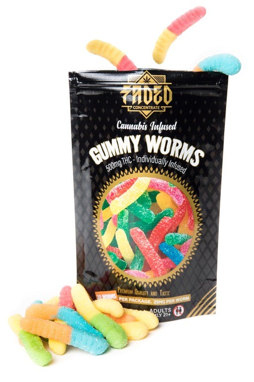 500mg Faded Gummy Worms Packaging with Gummy Worms in Picture - Faded Concentrate is a Be Pain Free Global Brand