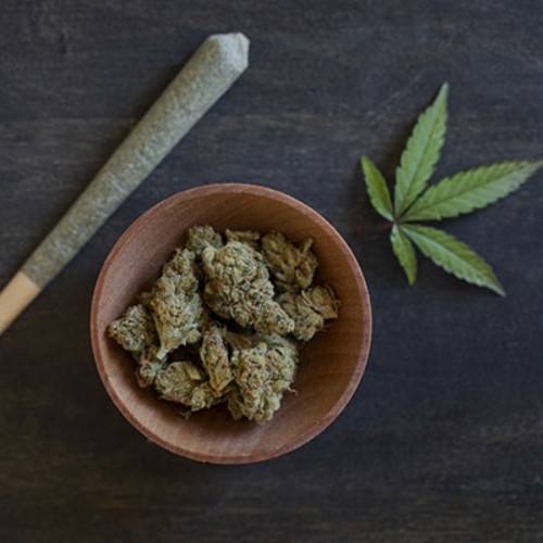 A Cannabis Pre-Roll In Raw Cone Laying On Table Next To A Cannabis Leaf And A Bowl Of Buds - Pre-Rolls Category Cover Image