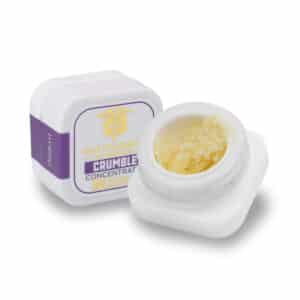 HTC Alien OG Crumble concentrate in 1g portion, featuring golden honeycomb texture in sealed container
