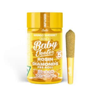 Baby Jeeter Rosin Enhance Diamond Pre Rolls – Mango Sherbet 5-pack, featuring 70% indica with sweet mango, berry, and tropical aromas. A perfect blend for relaxation and relief from stress, pain, and insomnia.