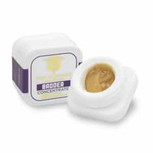 HTC’s Midnight Moon badder in a small glass container, featuring a creamy, golden texture with a smooth, whipped consistency perfect for clean, flavorful dabs.